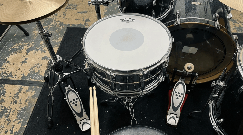 Bien se placer à la batterie - caisse claire vue du batteur - pédales symétriques