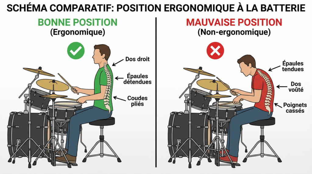 Bien se placer à la batterie - schéma comparatif - bonne posture / mauvaise posture