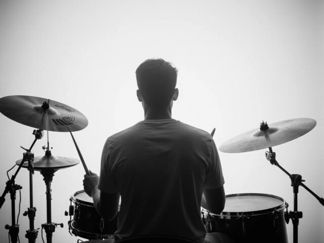 Une photo apaisante d’un batteur de dos, assis derrière son kit, lumière douce
