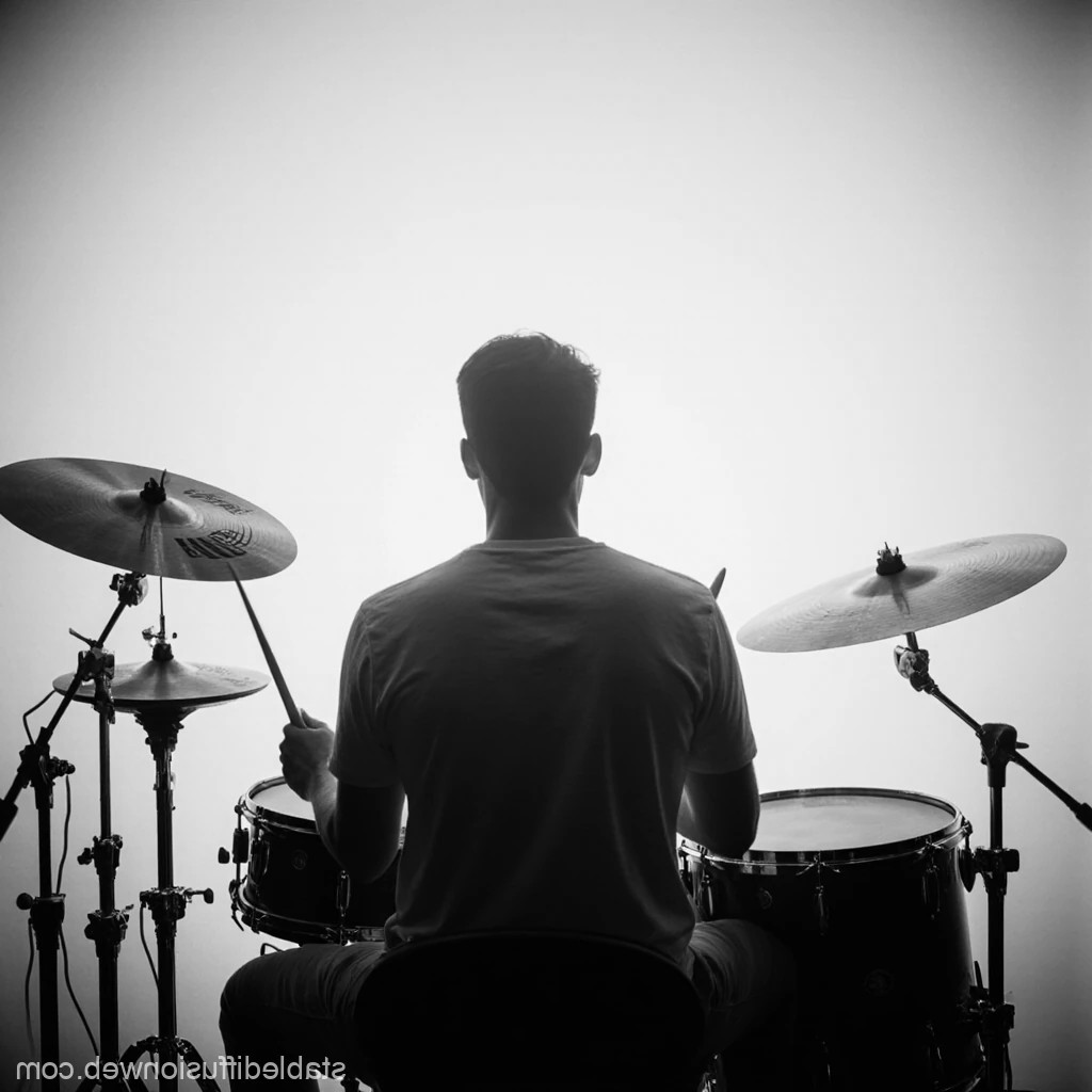 Une photo apaisante d’un batteur de dos, assis derrière son kit, lumière douce